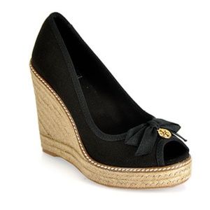 Tory Burch Black Canvas Jackie Wedge Platform Espadrille Peep Toe Pumps size 9.5